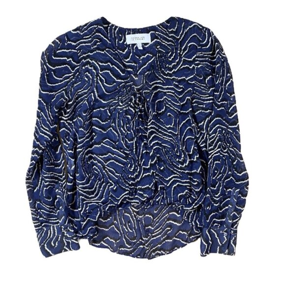 Derek Lam x 10 Crosby Sheer Silk Blouse Size 10 Medium Blue Black Top Crossover - Picture 2 of 6